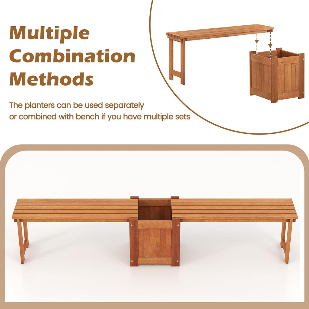2 Benches with Planter Boxes, 2 in 1 Wooden Flower Box Kit with Seat, Open-Ended Base & Slotted Construction, Outdoor Plant Container for Garden, Yard, Balcony (Natural)