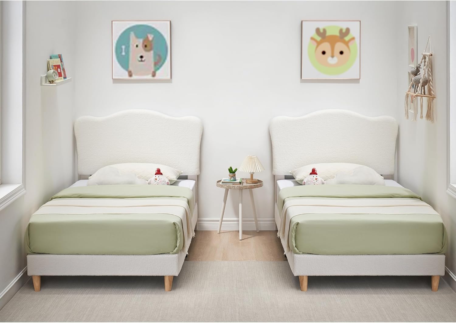 GarveeHome Upholstered Twin Size Bed Frame for Kids with Scallop Headboard, Cute Velvet Twin Bed for Girls, Boys, Sturdy Platform Bed, No Box Spring Needed, Wooden Slats, Noise Free, Beige