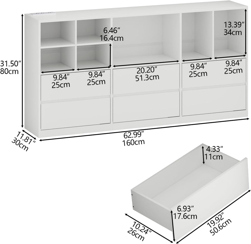 Gyfimoie White Dresser for Bedroom with 6 Drawers, Chest of Drawers with Led Lights&Charging Station, 63' Long Dresser with 7 Open Cubbies, Storage Drawers for Living Room, Closet, Hallway (White)