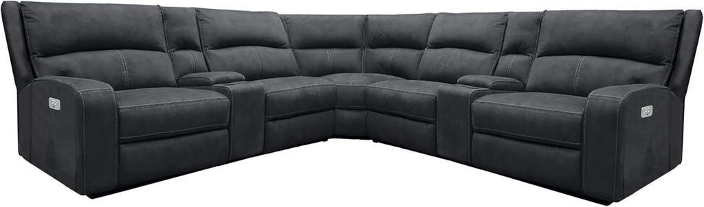 Pemberly Row Slate 7 Piece Power Reclining Sectional, Adjustable Headrests, USB Charging, Heavy-Duty Fabric, 130.75 in x 130.75 in, Plush Comfort, Cup Holder Console, Living Room Furniture