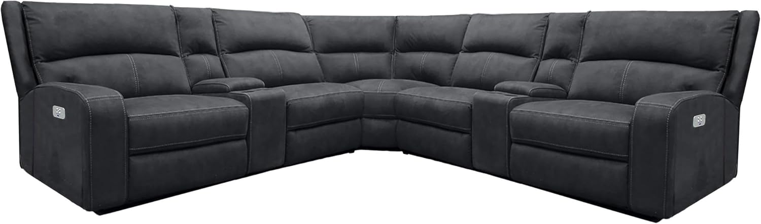 Pemberly Row Slate 7 Piece Power Reclining Sectional, Adjustable Headrests, USB Charging, Heavy-Duty Fabric, 130.75 in x 130.75 in, Plush Comfort, Cup Holder Console, Living Room Furniture