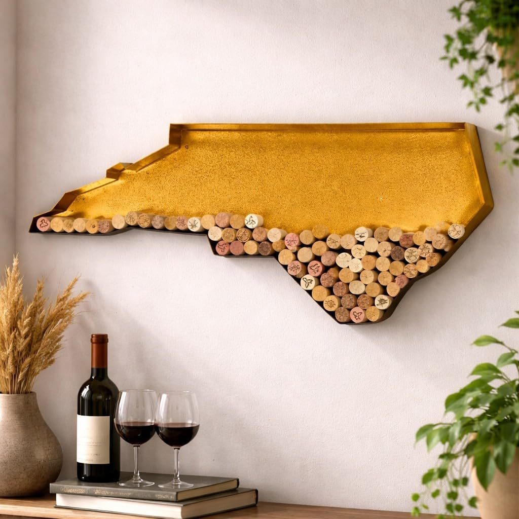 NEONSİGN North Carolina State Map Wine Cork Holder, Metal Wall Decor for Wine Lovers, Rustic Bar or Kitchen Display, Decorative Cork Storage Shaped Like North Carolina (Gold, 18 inch)