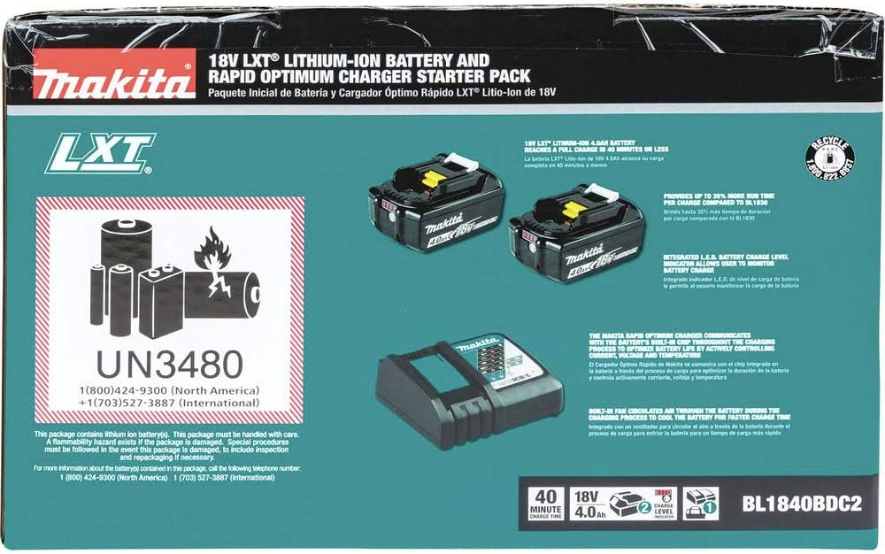 Makita BL1840BDC2 18V LXT® Lithium-Ion Battery and Rapid Optimum Charger Starter Pack (4.0Ah)
