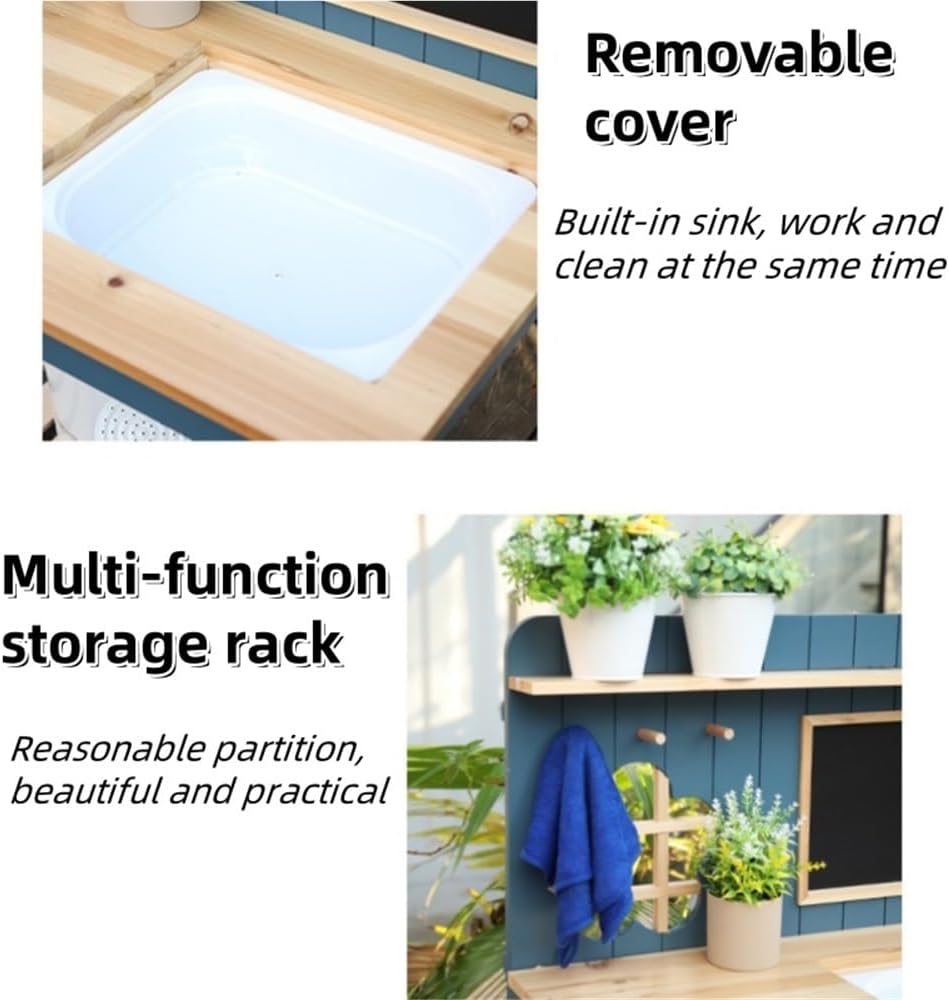 Solid Wood Potting Bench, 2 Tier Potting Table with Sink and Hooks, Outdoor Potting Bench for Garden, Yard, Balcony, Garden Table with Storage, Gardening Bench with Blackboard(Gray)