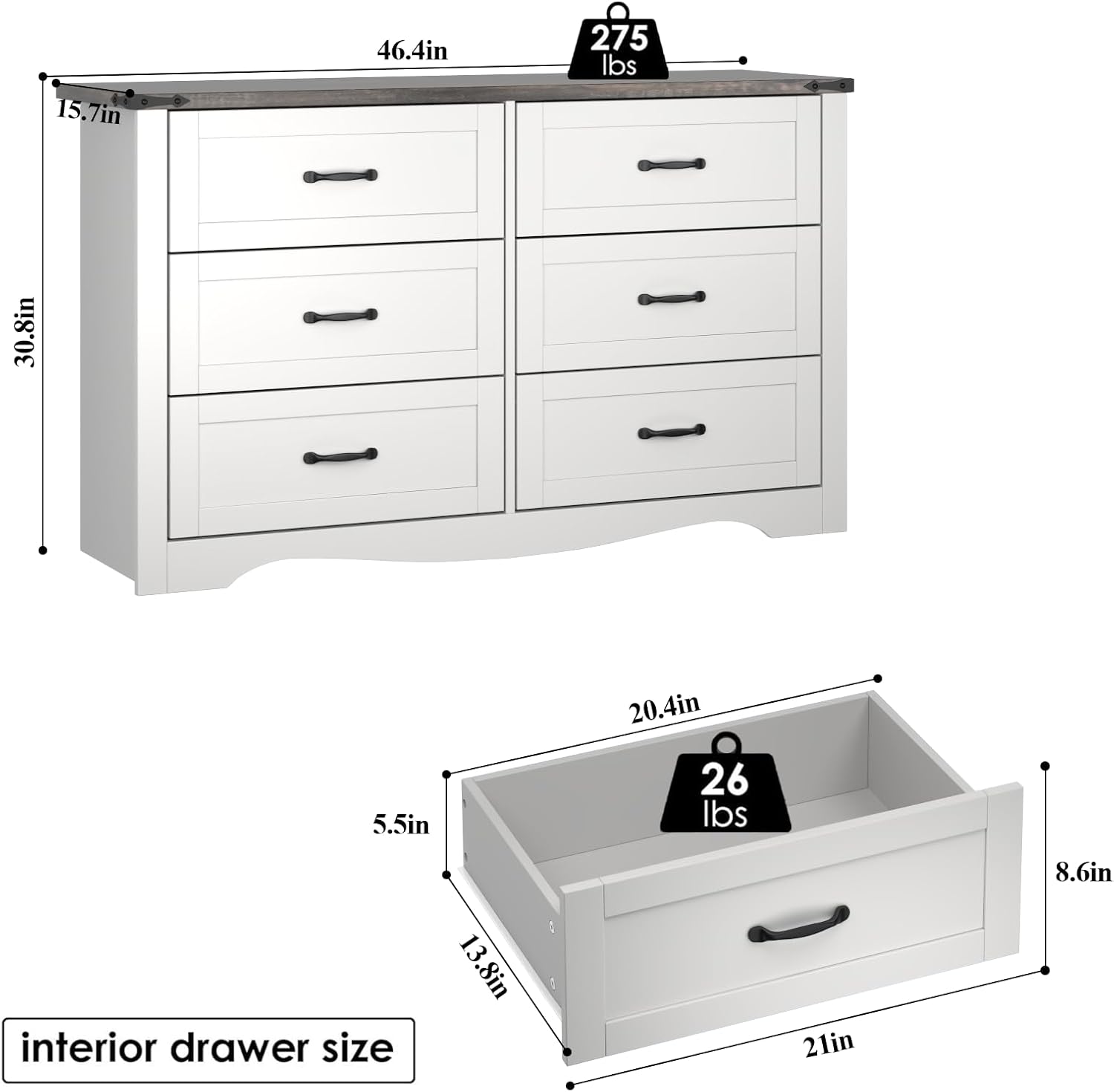 Loomie Farmhouse 6 Drawers Double Dresser for Bedroom, Modern White Dresser Chest of Drawers, Wide Dressers Organizer, Accent Storage Cabinet for Closet, Living Room, Hallway, Antique White