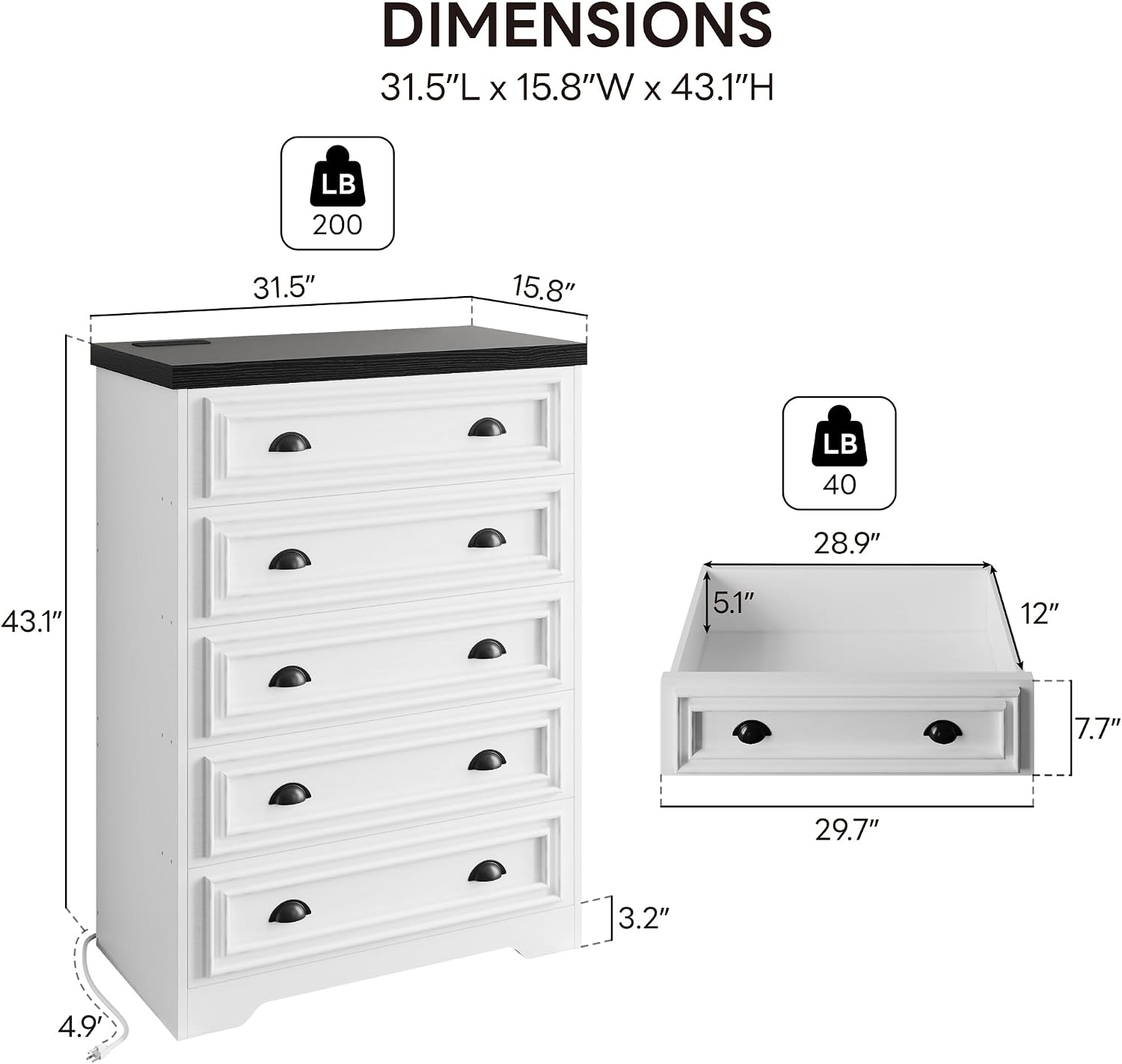 LIKIMIO 5-Drawer 43' Tall Dresser with Built-in Charging Station - Farmhouse Style Bedroom Storage Cabinet, Black &White