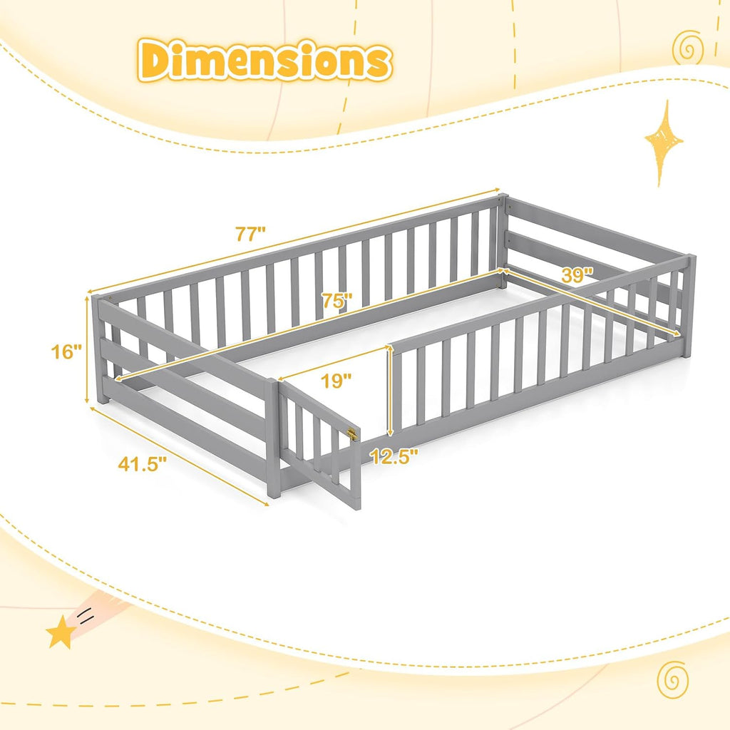 KOMFOTT Twin Size Wood Floor Bed with Door & Fence, Montessori Bed Frame with Full Length Safety Guardrails, Door & Latch, Wooden Montessori Floor Bed for Kids, Girls, Boys (Grey, Twin)