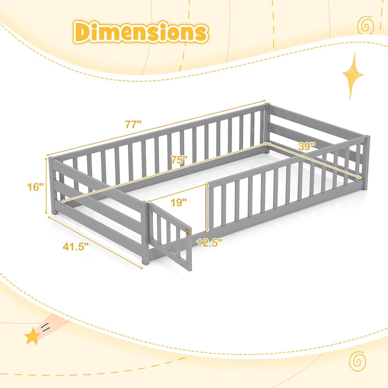KOMFOTT Twin Size Wood Floor Bed with Door & Fence, Montessori Bed Frame with Full Length Safety Guardrails, Door & Latch, Wooden Montessori Floor Bed for Kids, Girls, Boys (Grey, Twin)