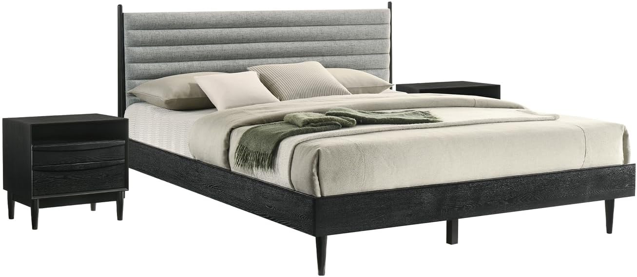 HomeStock King Bedroom Set Wood 3 Piece - Black Finish Bed Nightstands Modern Style