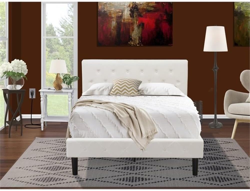 East West Furniture NL19F-1BF14 2 Piece Bedroom Set - Full Size Button Tufted Bed Frame - Linen white Velvet Fabric Upholstered Headboard and an Urban Gray Finish Nightstand