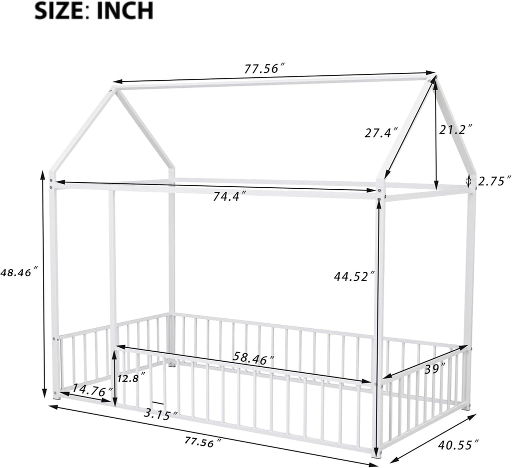 Bellemave Twin Size House Floor Montessori Bedframe with Rails and roof, Metal House Bed for Kids, Montessori Floor Beds for Kids, White