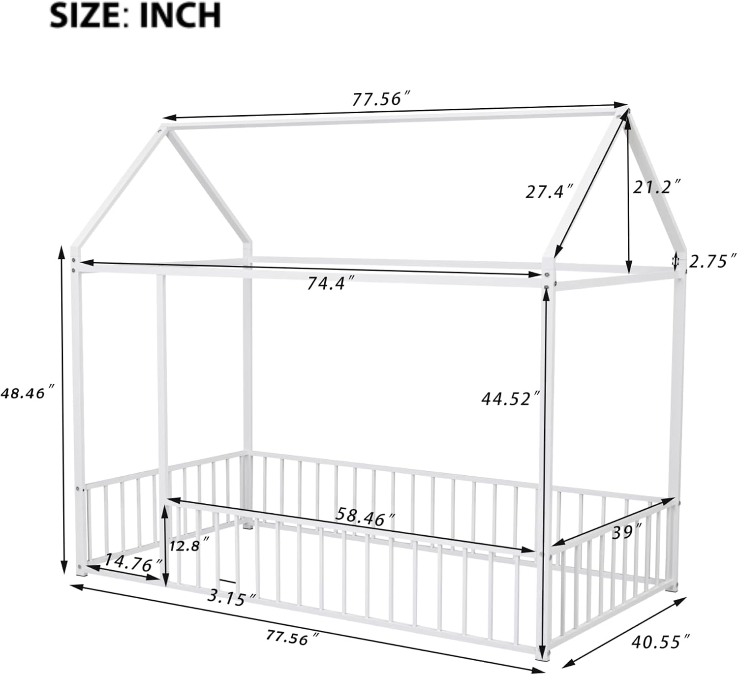 Bellemave Twin Size House Floor Montessori Bedframe with Rails and roof, Metal House Bed for Kids, Montessori Floor Beds for Kids, White