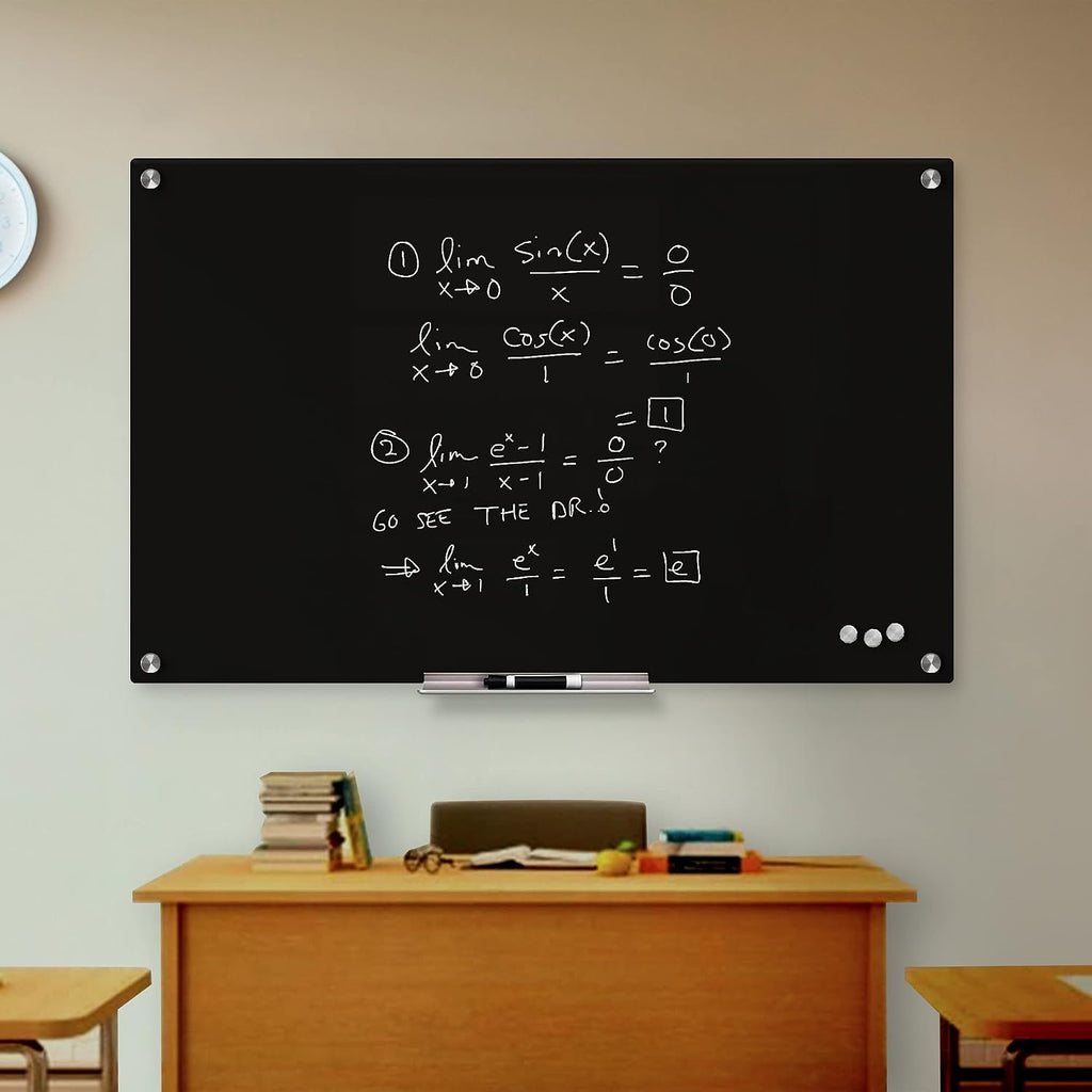 Fab Glass and Mirror Magnetic Glass Dry Erase Board - Frameless Black Whiteboard - Wall Mounted with Marker, Eraser & Rare Earth Magnets - 48'W x 36'H