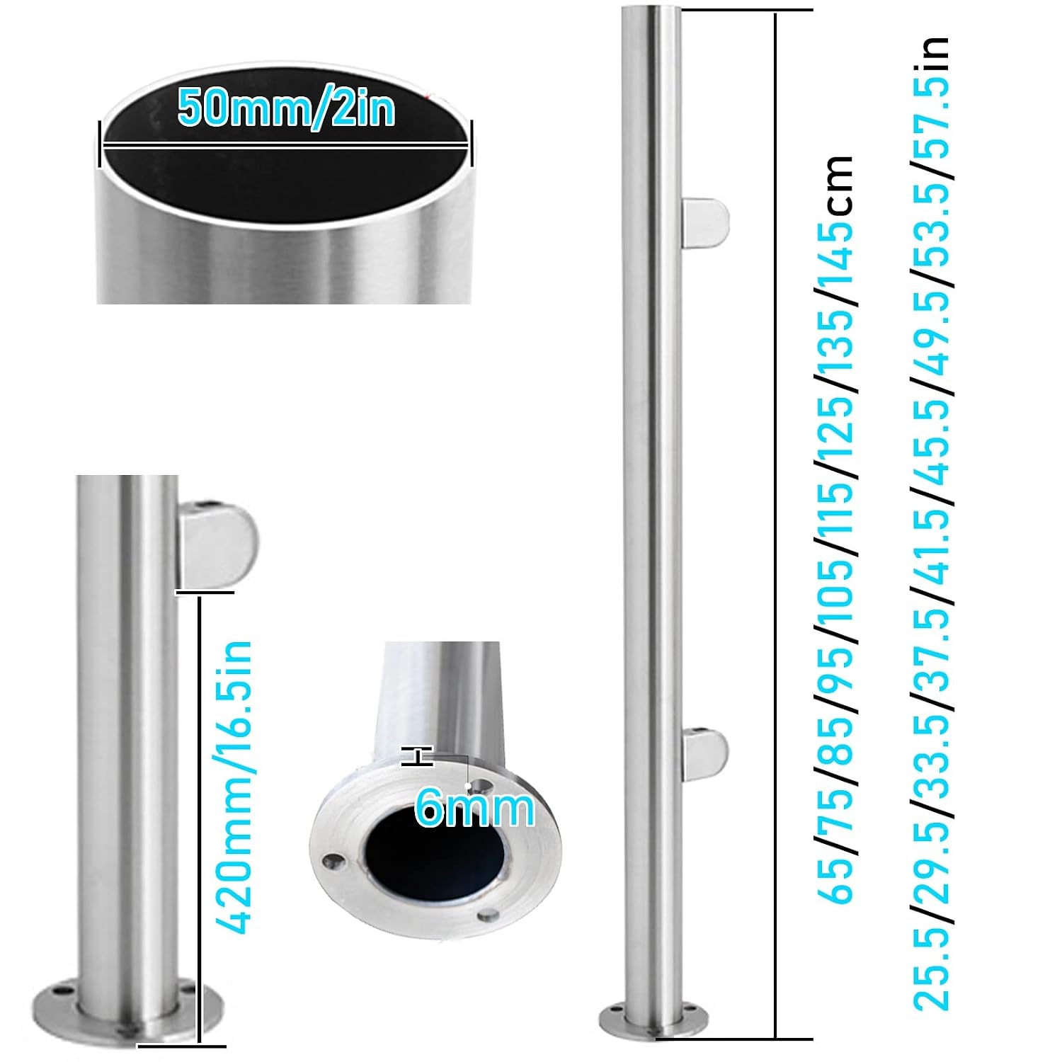 Glass Banister Round Standoff Clamp, Stainless Steel Black Stair Balustrade Post for 3/8'-1/2' Glass Panels, Terrace Decking Hotel Guardrail System(Middle Post,75cm/29.5in)