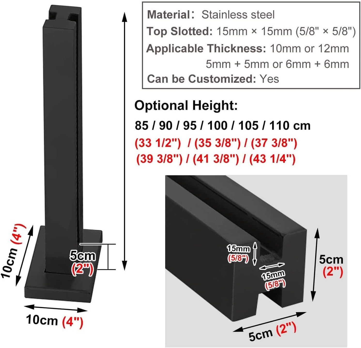 Glass Balustrade Post with Spigots Slots for 3/8' or 1/2' Glass- Black Stainless Steel Square Glass Railing Post System for Deck, Steps, Balcony, Pool, Garden, Patio Stairs ( Color : Corner Post , Siz