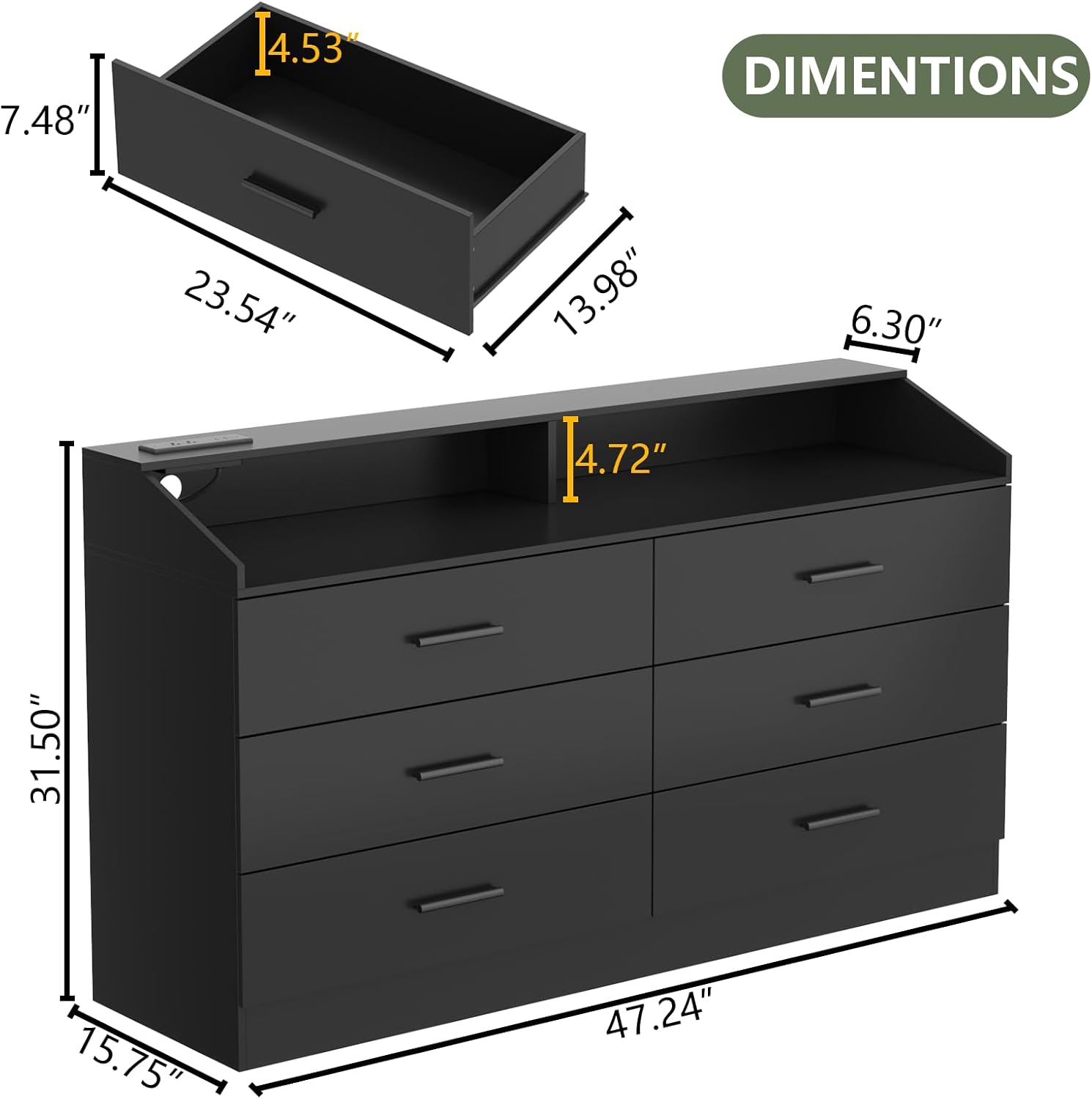 Gyfimoie 6 Drawer Dresser with Power Outlet, Chest of Drawers with LED Light, Modern Dresser with Open Storage Cubby, Double Wide Dressers Organizer for Bedroom, Living Room, Entryway, Hallway