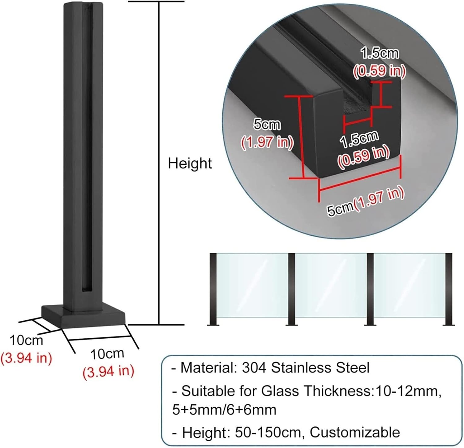 Black Glass Railing Post, 304 Stainless Steel Glass Railing with Spigot Slots & Base, Heavy-Duty Glass Clamp Bracket for Deck Balusters, Balcony, Patio, Stairs(Corner Post,Height-85cm/33.5in)
