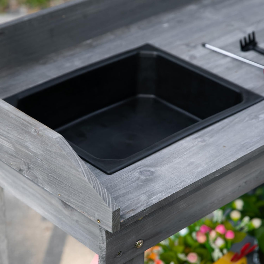 36' Wooden Potting Bench Work Table with 2 Removable Wheels, Sink, Drawer & Large Storage Spaces, Gray