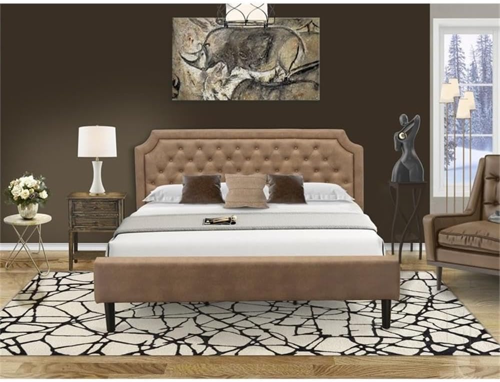 East West Furniture GB28K-1VL07 2-Pc Platform Wooden Set for Bedroom with Button Tufted Bed and 1 Distressed Jacobean Mid Century Nightstand - Brown faux Leather with Brown Texture and Black Legs