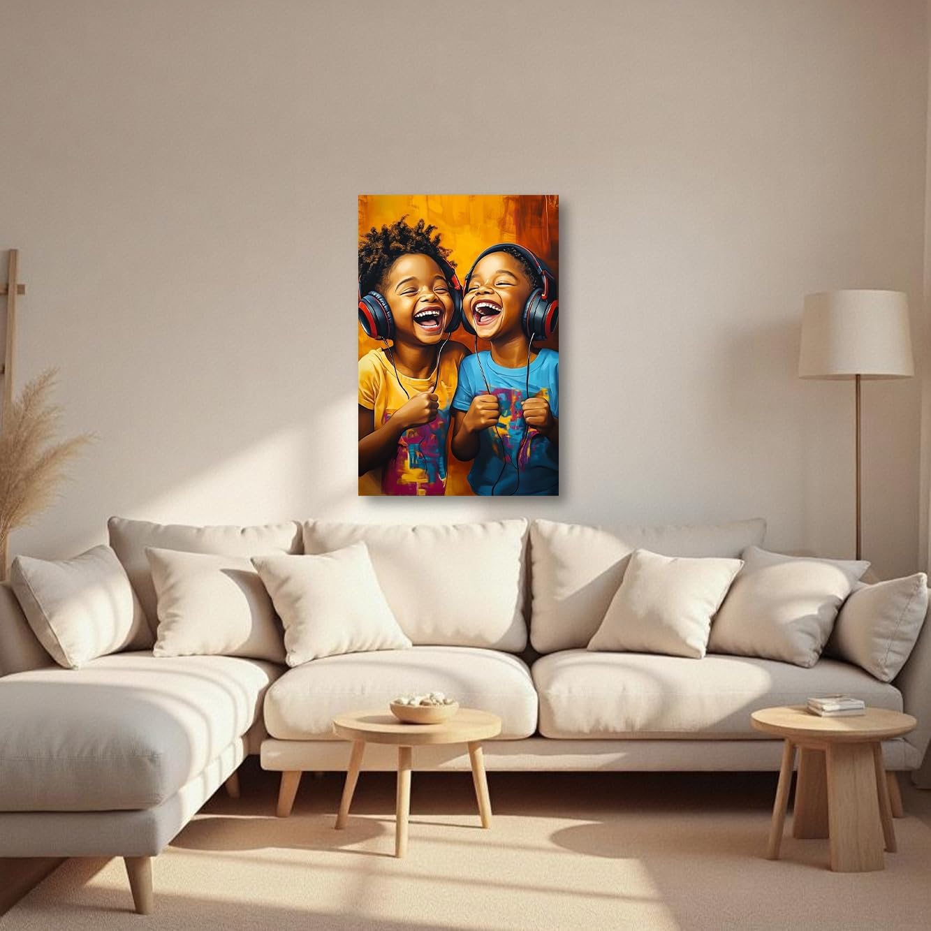 XLMDYYSW African American Wall Art Two African Children with Headphones Picture Black Kids Music Canvas Print Kid Laughter Painting Boy Girl Room Decor Frame (42L x 28W)