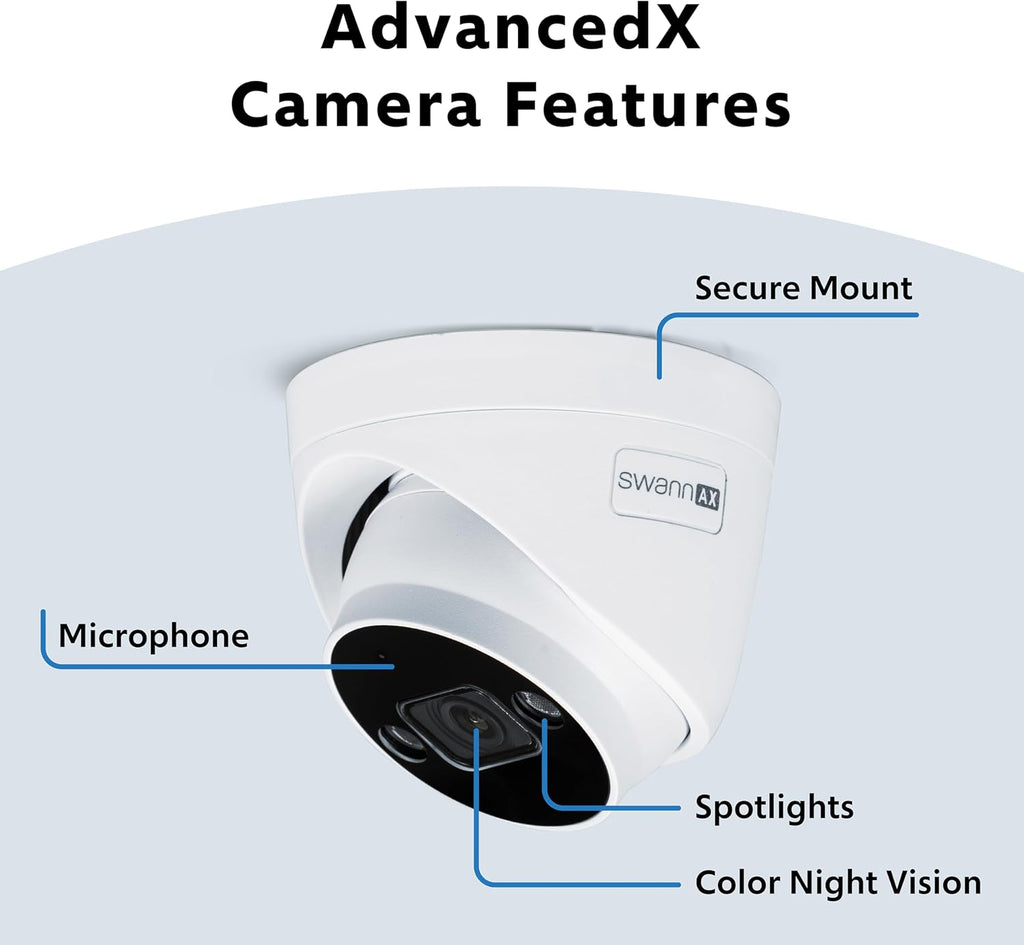 Swann AdvancedX™ 4K Wired NVR Security Camera System, 8 Channels, 4 Outdoor PoE Cameras, 1TB Hard Drive Storage, Color Night Vision, Video Analysis (4 Dome Cameras 8 Channel NVR 4K 1TB HDD)