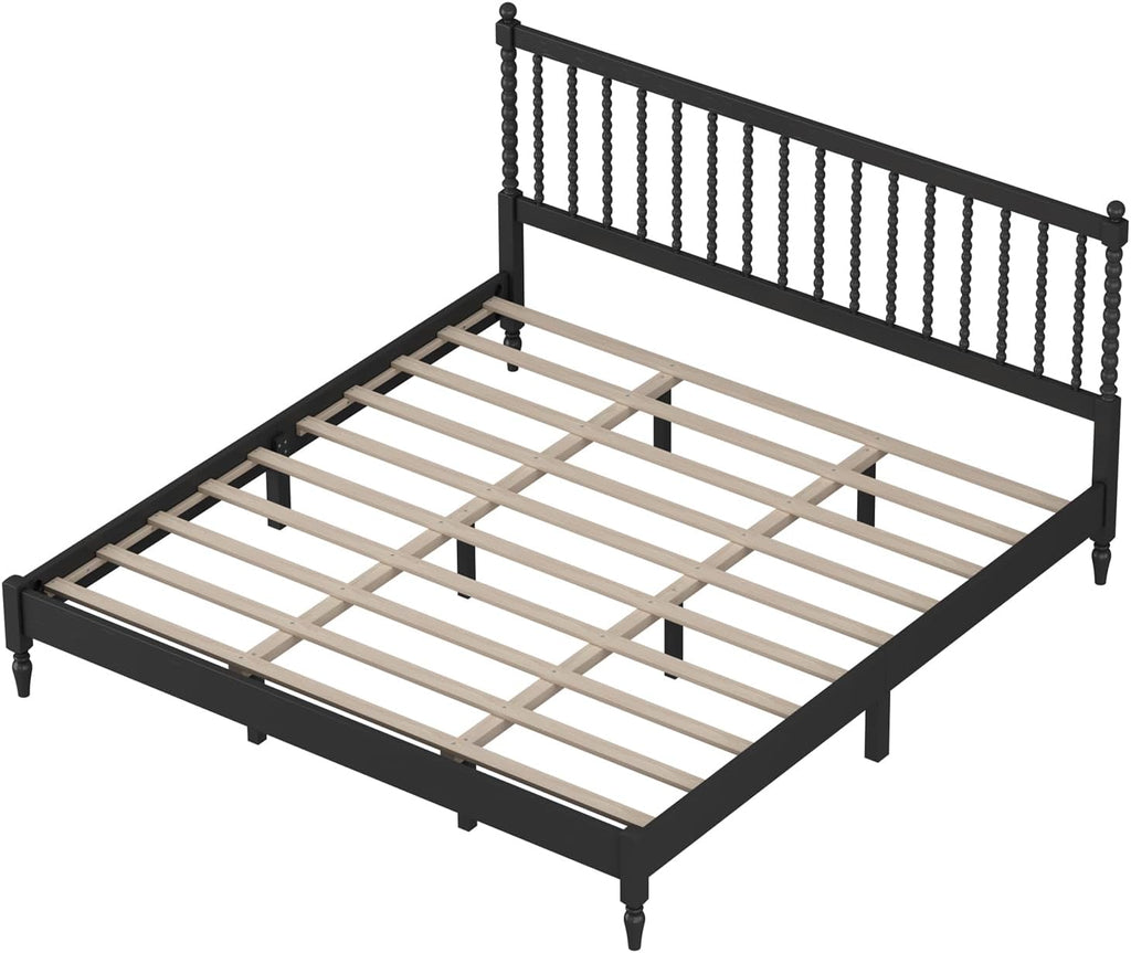 3 Pieces Bedroom Sets King Size Wood Platform Bed with Gourd Shaped Headboard with 2 Nightstands,Antique Black