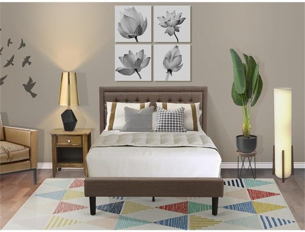 East West Furniture KD18F-1GA08 2 Piece Bedroom Set - 1 Full Bedframe Brown Linen Fabric Padded and Button Tufted Headboard with 1 Nightstand - Antique Walnut Finish Nightstand