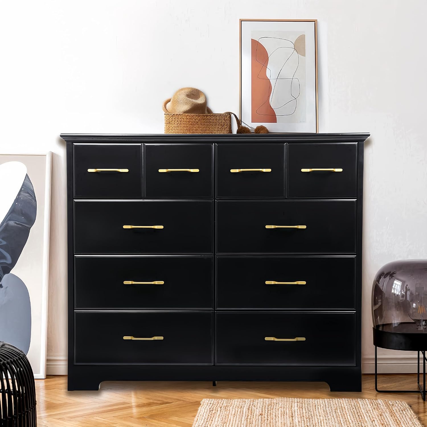 NEDYO 8 Drawer Dressers for Bedroom, 40 Inch Large Wide Dresser, Mid Century Modern Drawer Chest with Gold Hardware, Wooden Chest of Drawers. Black