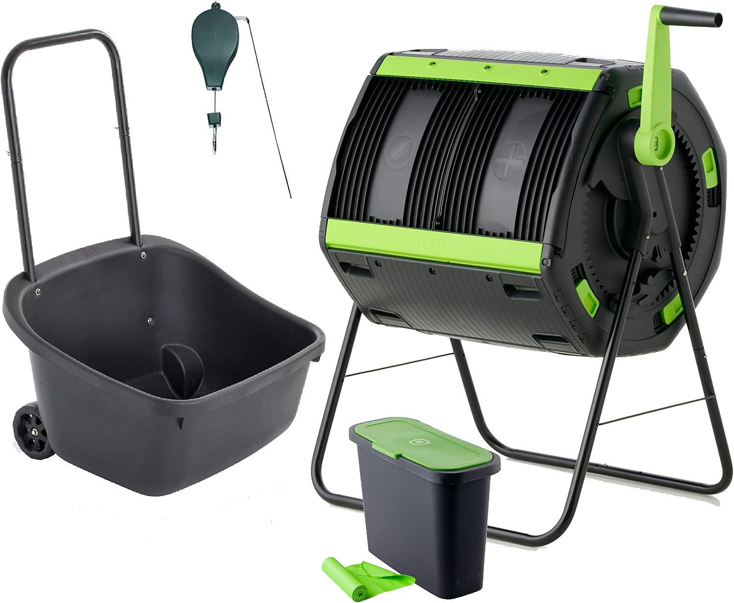 Amazon Exclusive Combo - 48 Gallon Compost Tumbler with Compost Cart, 9 Liter Compost bin, 3 Rolls of Corn Bags and Plant Caddy