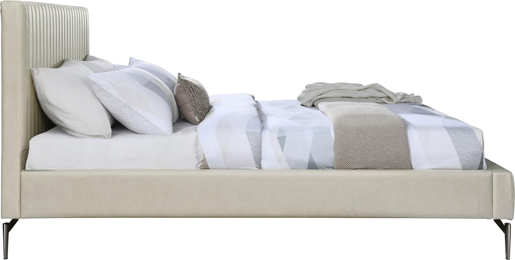 Meridian Furniture GalloBeige-F Gallo Collection Modern | Contemporary Full Bed with Soft Beige Vegan Leather, Deep Channel Tufting and Black Metal Legs, 60' W x 84.5' D x 43.5' H, Beige, Full