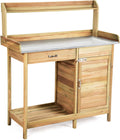 Outdoor Potting Bench Garden Wooden Work Station Metal Tabletop Cabinet Drawer