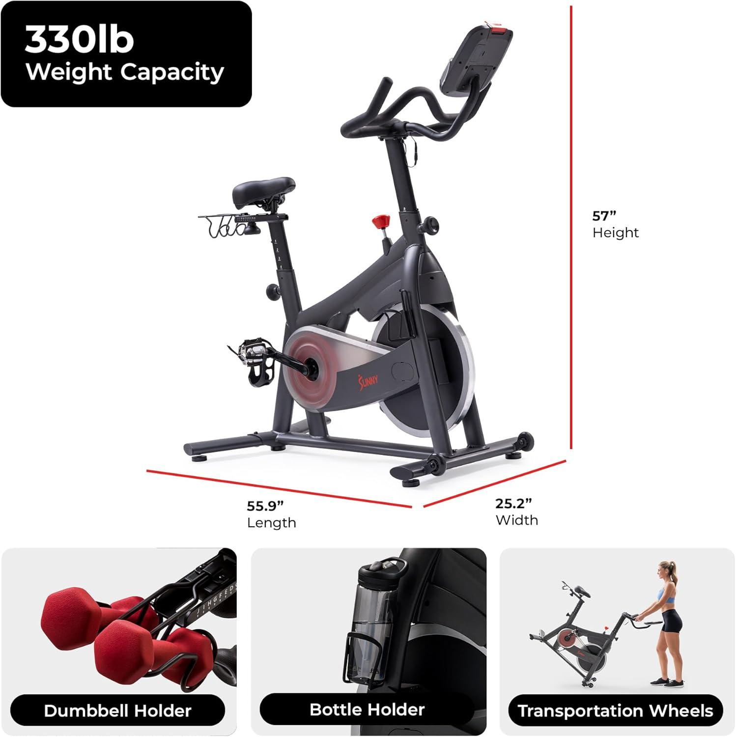 Sunny Health & Fitness Smart Magnetic Indoor Cycling Bike, Stationary Exercise Cardio Equipment, Free SunnyFit Training App