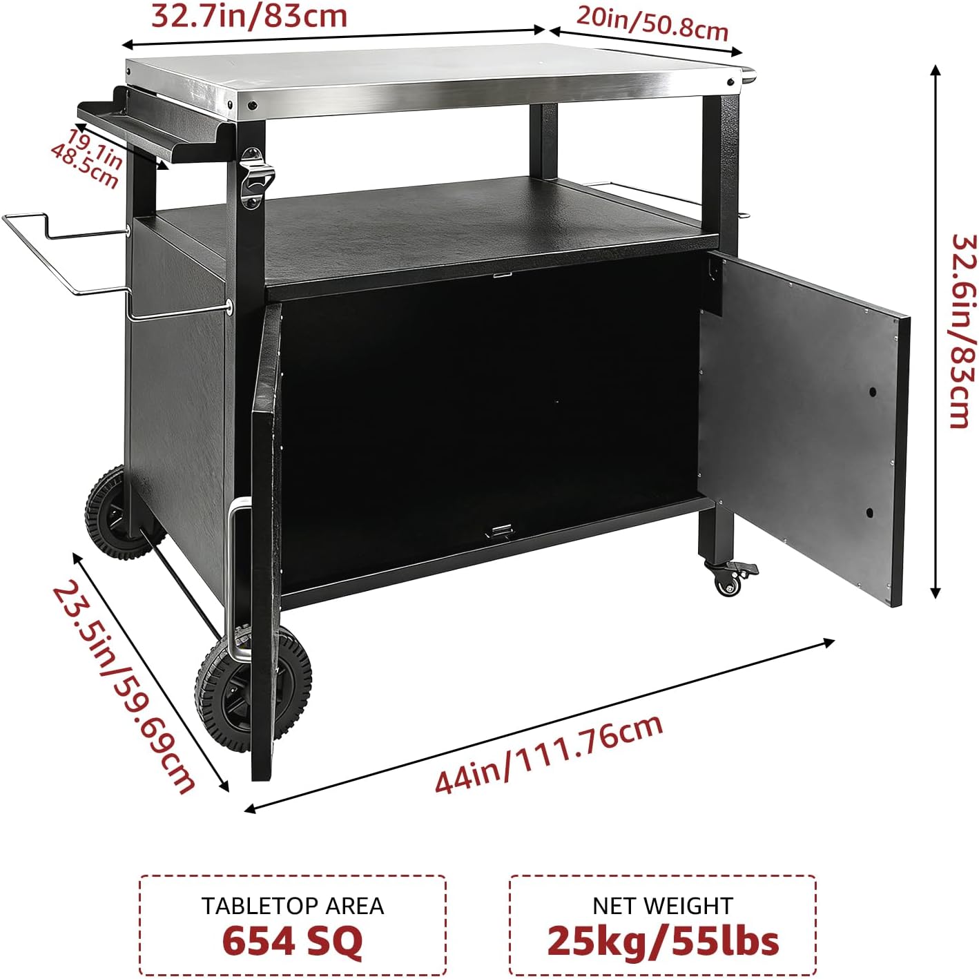 Outdoor Grill Cart with Storage, Movable Stainless Steel Kitchen Island with Wheels & Brakes, Multifunctional Food Prep Table for BBQ, Pizza Oven