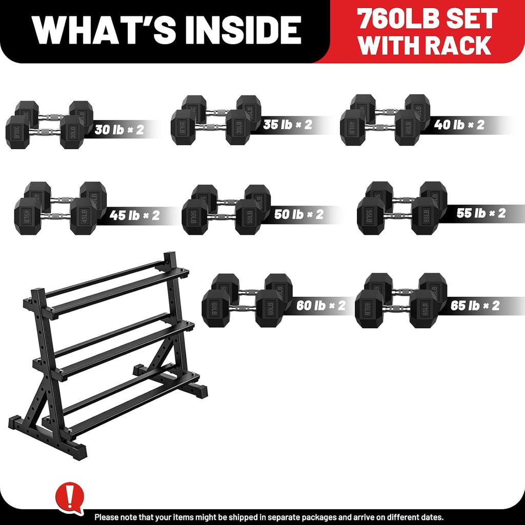PAPABABE Hex Dumbbell Set with Rack, Rubber Encased Free Weight with Weight Storage Racks, Multiple Weight Options for Home Gym and Fitness