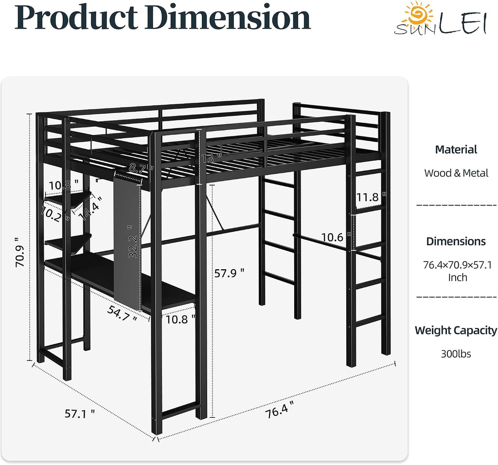 SUNLEI Loft Bed with Desk, Metal Loft Bed Full Size with 2 Built-in Ladders, Space-Saving Bed Frame, with Safety Guard, Noise Free for Small Bedroom, (Full Size) Black
