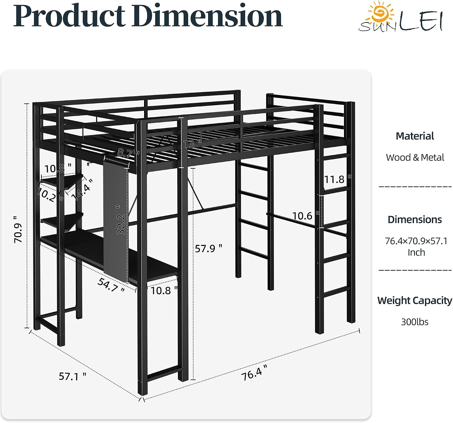 SUNLEI Loft Bed with Desk, Metal Loft Bed Full Size with 2 Built-in Ladders, Space-Saving Bed Frame, with Safety Guard, Noise Free for Small Bedroom, (Full Size) Black
