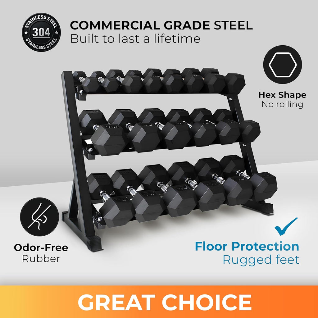 Rubber Hex Dumbbell Set with Rack, 8/10/12/15/20 Pair (450/550/780/1200/1550/2100 lbs total) Weight Rack with Dumbbells for Home Gym & Strength Training