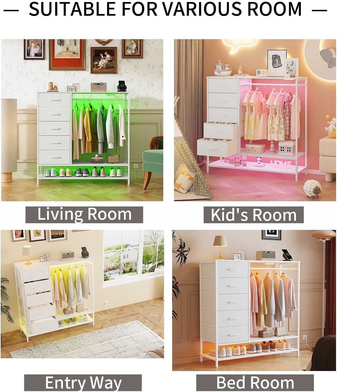 Dresser for Bedroom, Dresser with Hanging Rack Led Lights and Charging Station, White Bedroom Dresser with 5 Fabric Chest of Drawers with PU Finish Storage Organizer, for Living Room Hallway, White