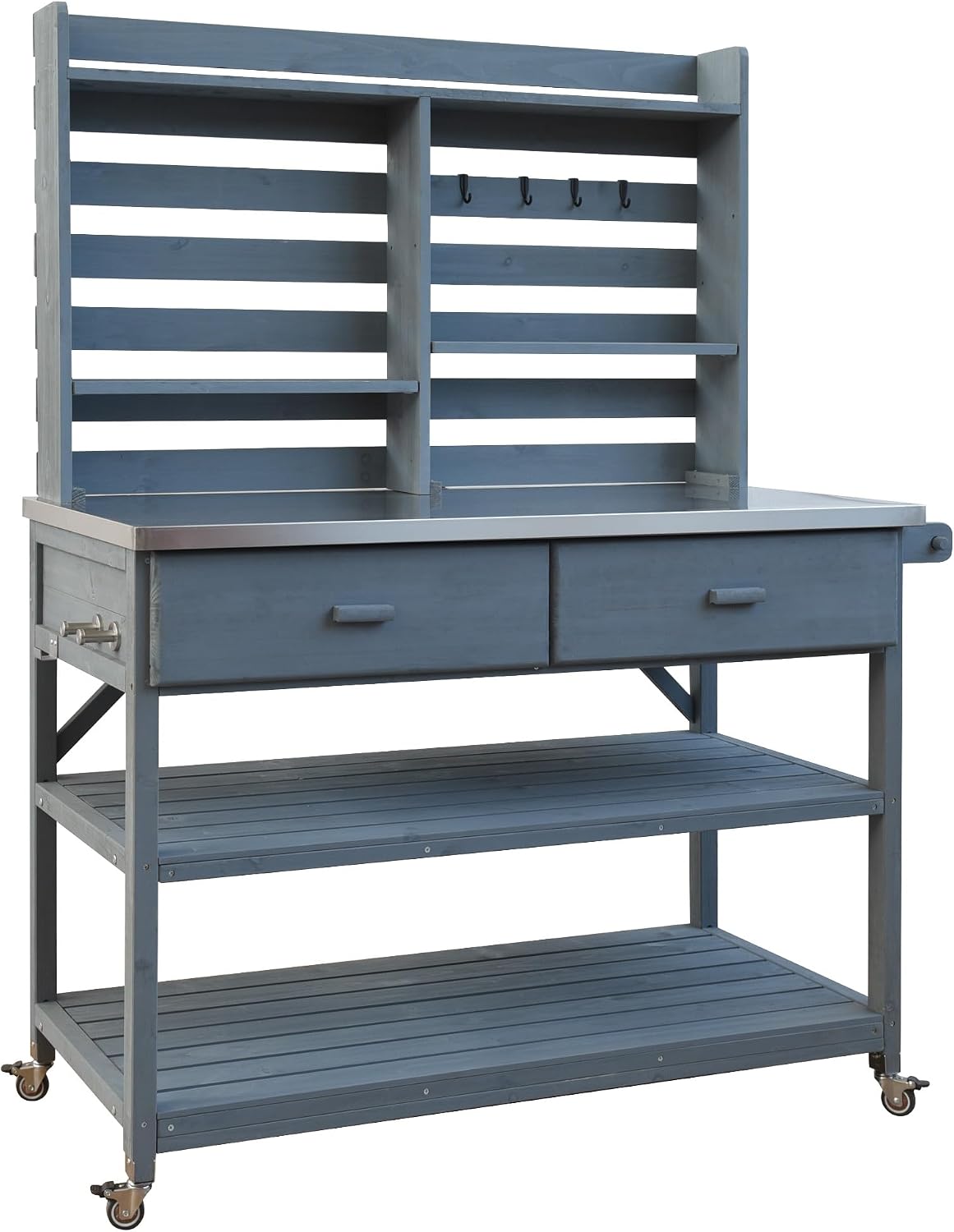LUMISOL Outdoor Solid Wood Potting Bench Table with Upper Hutch, 64.9' H Outdoor Kitchen Island with Lockable Wheels & Stainless Steel Top, Grill Cart & Storage Cabinet with Towel Rack, Grey Blue