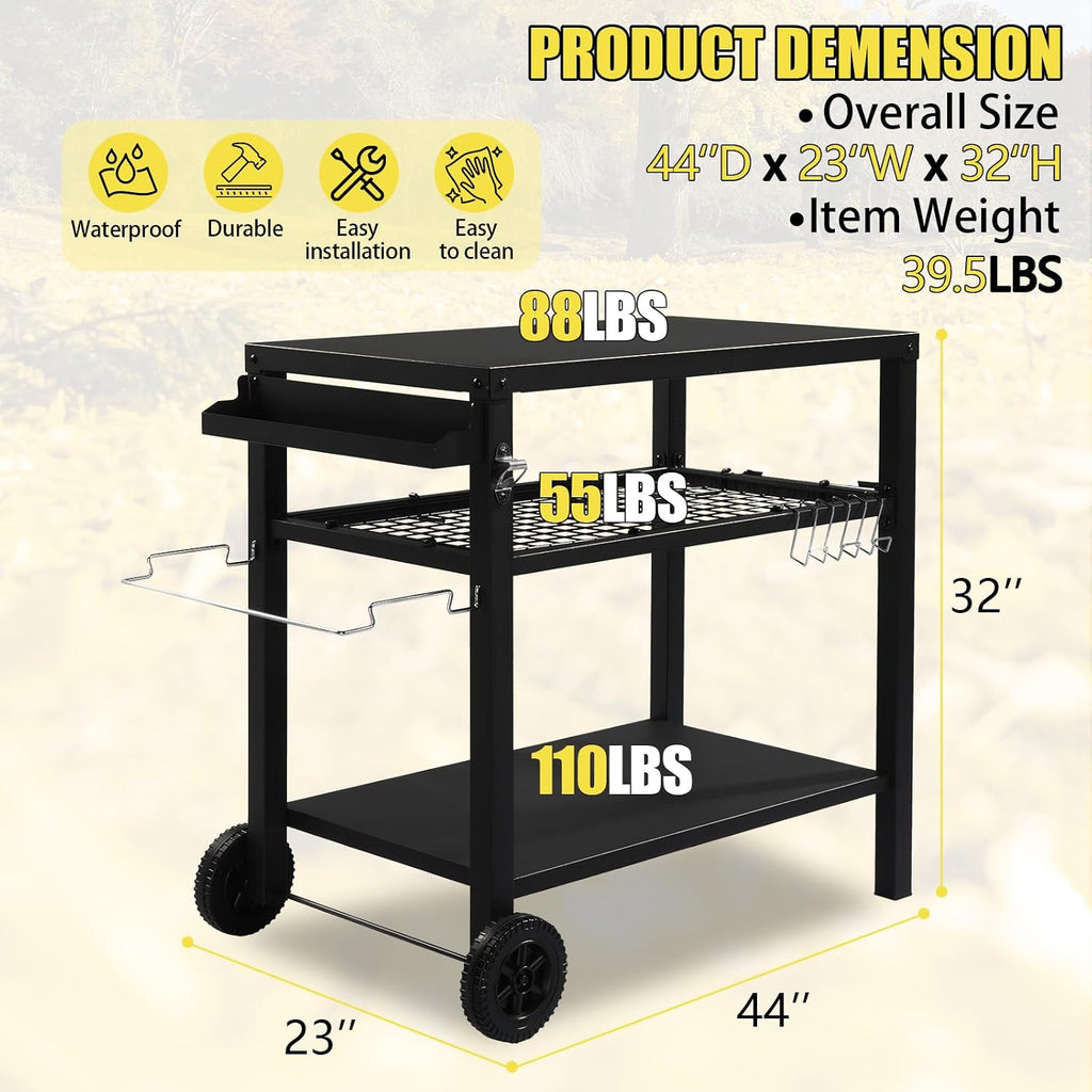 Outdoor Grill Cart,Grill Table with Three-Shelf,Movable Pizza Oven Table,Rolling Kitchen Cart,Grill Tables for Outside BBQ with Two Wheels Black