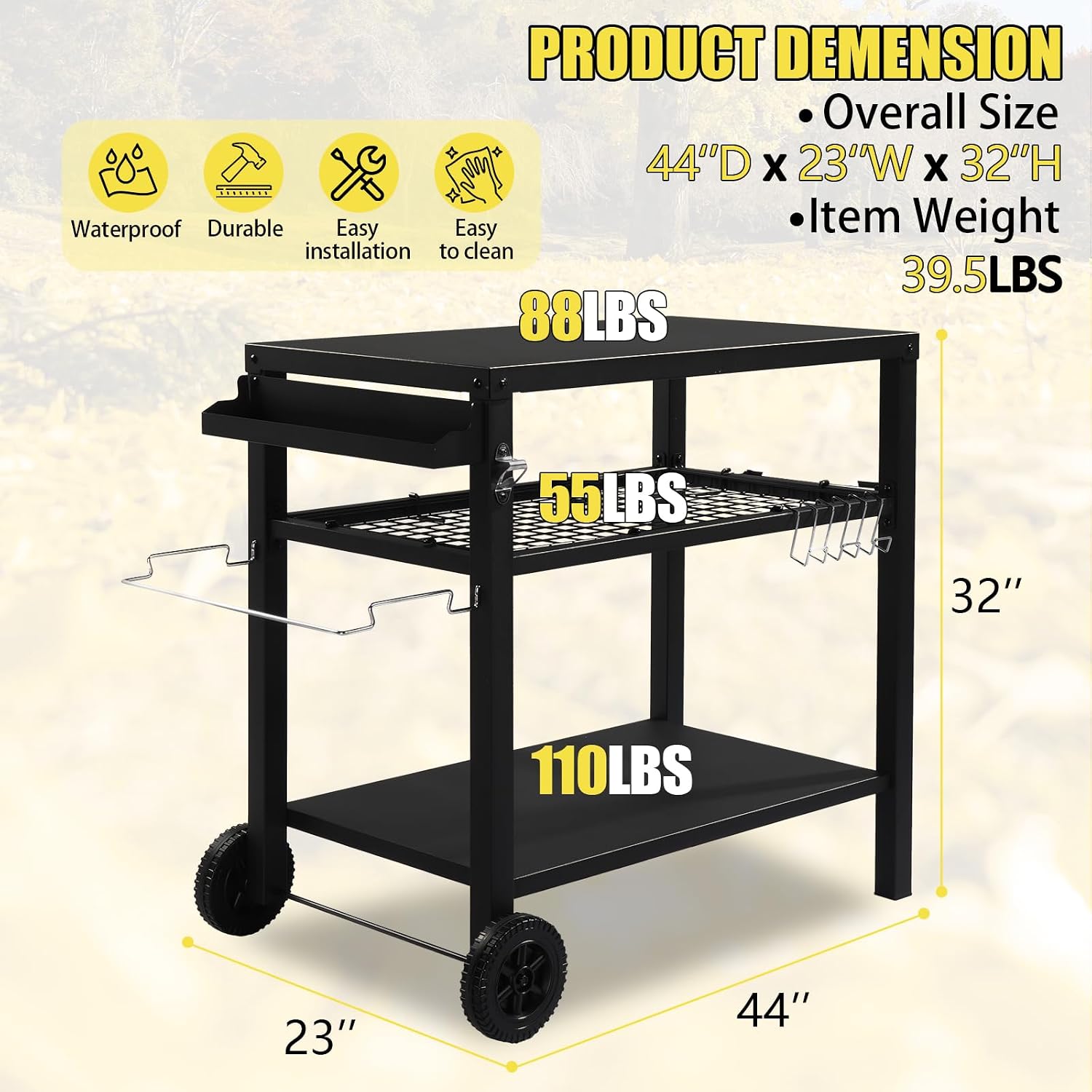Outdoor Grill Cart,Grill Table with Three-Shelf,Movable Pizza Oven Table,Rolling Kitchen Cart,Grill Tables for Outside BBQ with Two Wheels Black