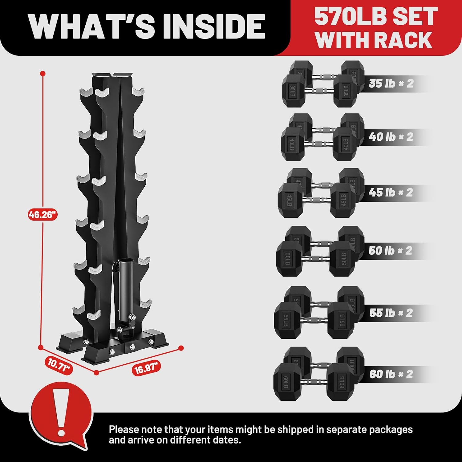 PAPABABE Hex Dumbbell Sets with Rack, 100-600lb Rubber Coated Dumbbell Weight Set and Storage Rack, Multiple Options Hand Weights for Strength Training