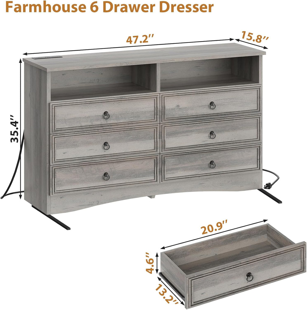 VVFLU Grey 6 Drawer Dresser for Bedroom with LED Lights and Charging Station, Wood 6 Chest Drawers, Large Storage for Clothes, for Living Room, Bedroom, Hallway, Taupe Grey