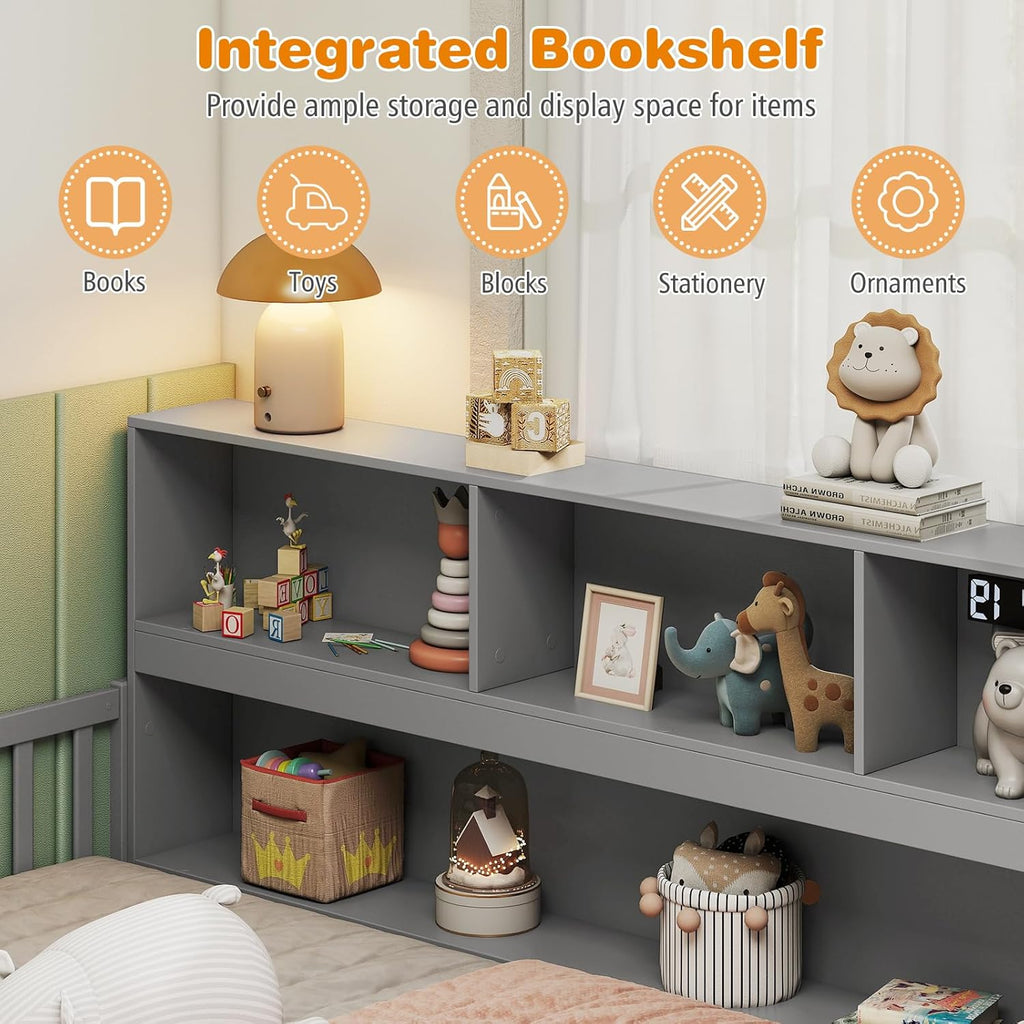 Giantex Twin Floor Bed for Kids, Wooden Montessori Bed Frame with Bookcase, Storage Shelves & Safety Fence Rails, Floor Beds Twin for Girls, Boys, No Box Spring Needed, Without Slats, Grey
