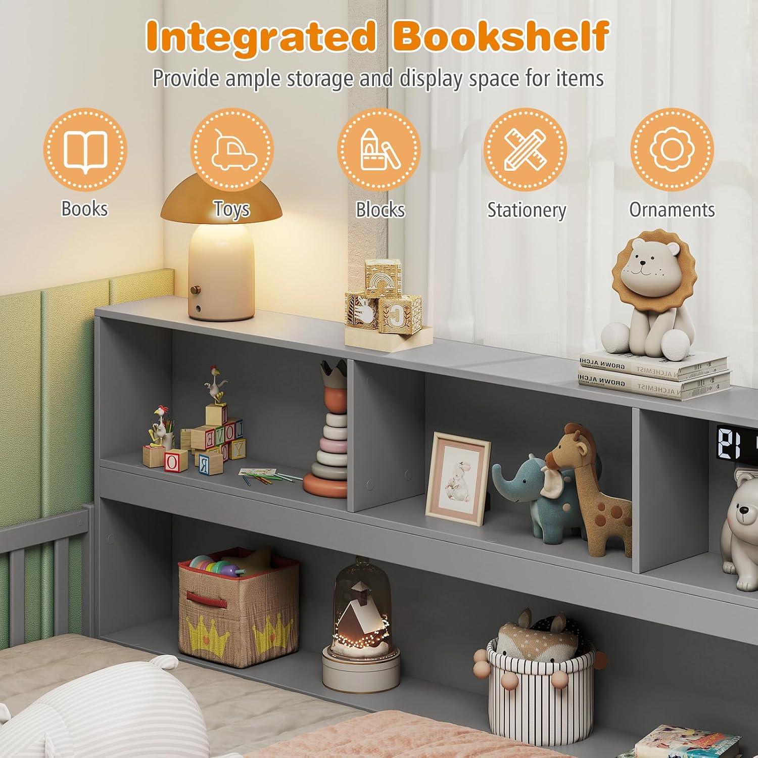Giantex Twin Floor Bed for Kids, Wooden Montessori Bed Frame with Bookcase, Storage Shelves & Safety Fence Rails, Floor Beds Twin for Girls, Boys, No Box Spring Needed, Without Slats, Grey