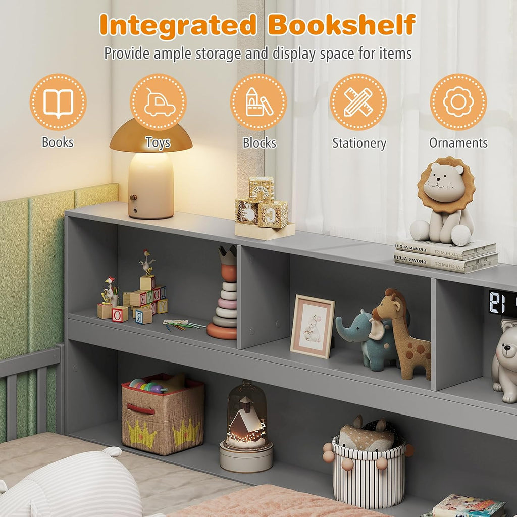 Giantex Full Size Floor Bed for Kids, Wooden Montessori Bed Frame with Bookcase, Storage Shelves & Safety Fence Rails, Floor Beds Full for Girls, Boys, No Box Spring Needed, Without Slats, Grey