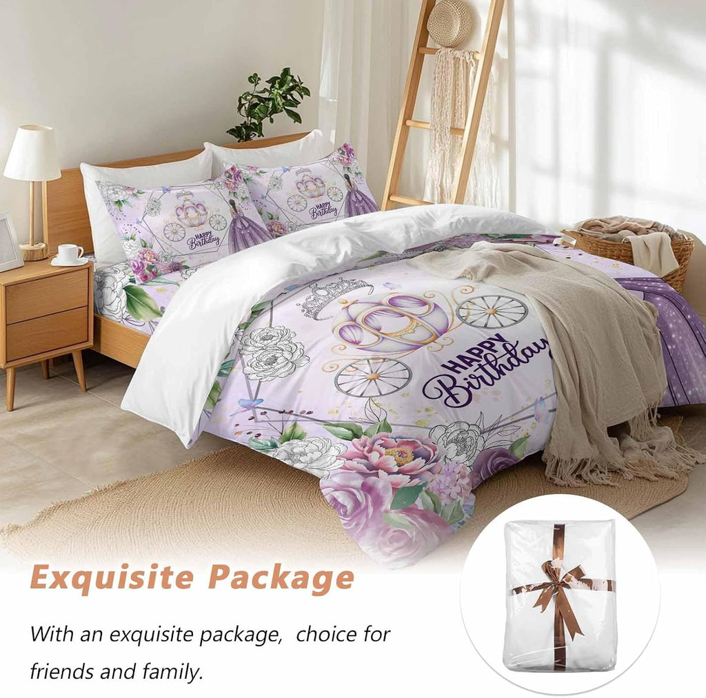 Happy Birthday Duvet Cover Full Size - 4 Pieces Bedding Set, Purple Luxury Dress Crown Carriage Flowers Bedding Comforter Covers Zipper Closure, 1 Duvet Covers 1 Fitted Sheet 2 Pillow Shams