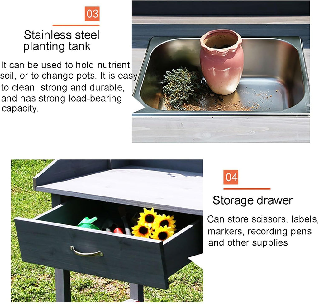Garden Potting Bench Table, Wooden Workstation Table with Removable Stainless Steel Sink, Open Shelves, All-Weather Garden Table Work Station with Storage Drawers and Side Hooks(Color:Wood)