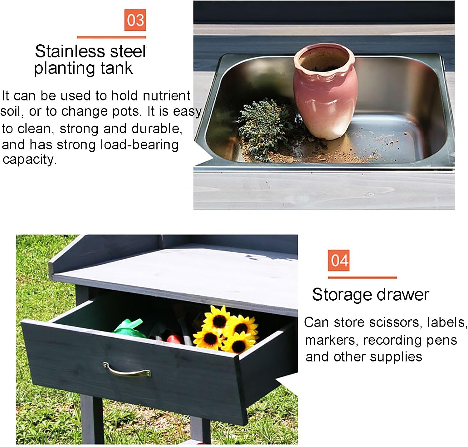 Garden Potting Bench Table, Wooden Workstation Table with Removable Stainless Steel Sink, Open Shelves, All-Weather Garden Table Work Station with Storage Drawers and Side Hooks(Color:Blue)