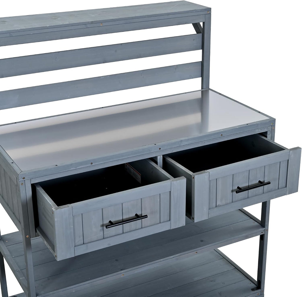 62.3'' Patio Kitchen Island Cart with Stainless Table Top,Solid Wood Garden Potting Bench with Raised Shelf and Drawers, Grill Prep Table for BBQ, Party (Gray-E)